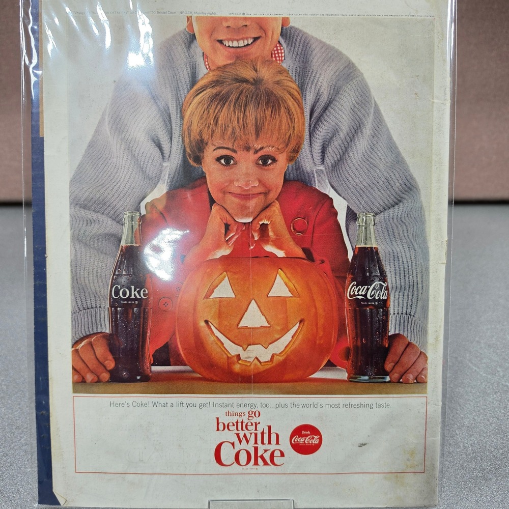Vintage Coca-Cola 1964 Halloween Pumpkin Print Ad Good